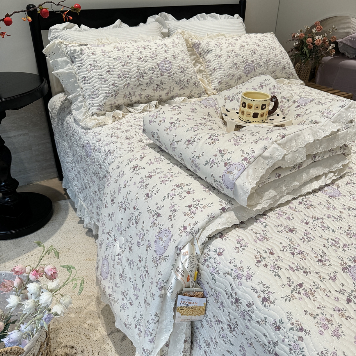 91家纺网 家纺一手货源 找家纺 （总）奈萝家纺 2025新款全棉蕾丝花边被套春秋被床盖四件套床盖三件套