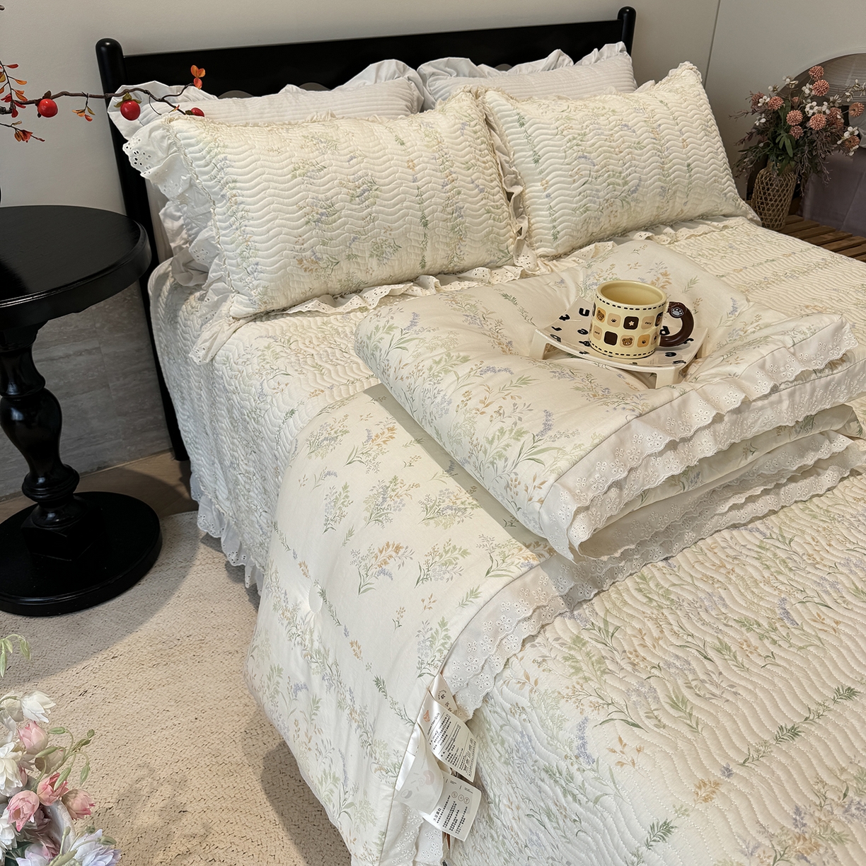 奈萝家纺 2025新款全棉蕾丝花边被套春秋被床盖四件套床盖三件套 芳草恋