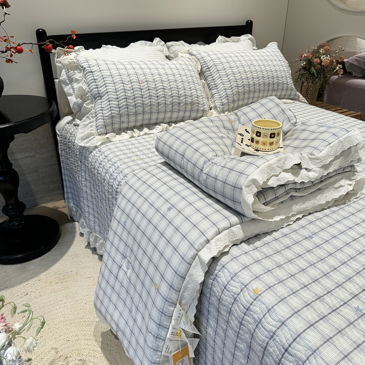 奈萝家纺 2025新款全棉蕾丝花边被套春秋被床盖四件套床盖三件套 极光之星