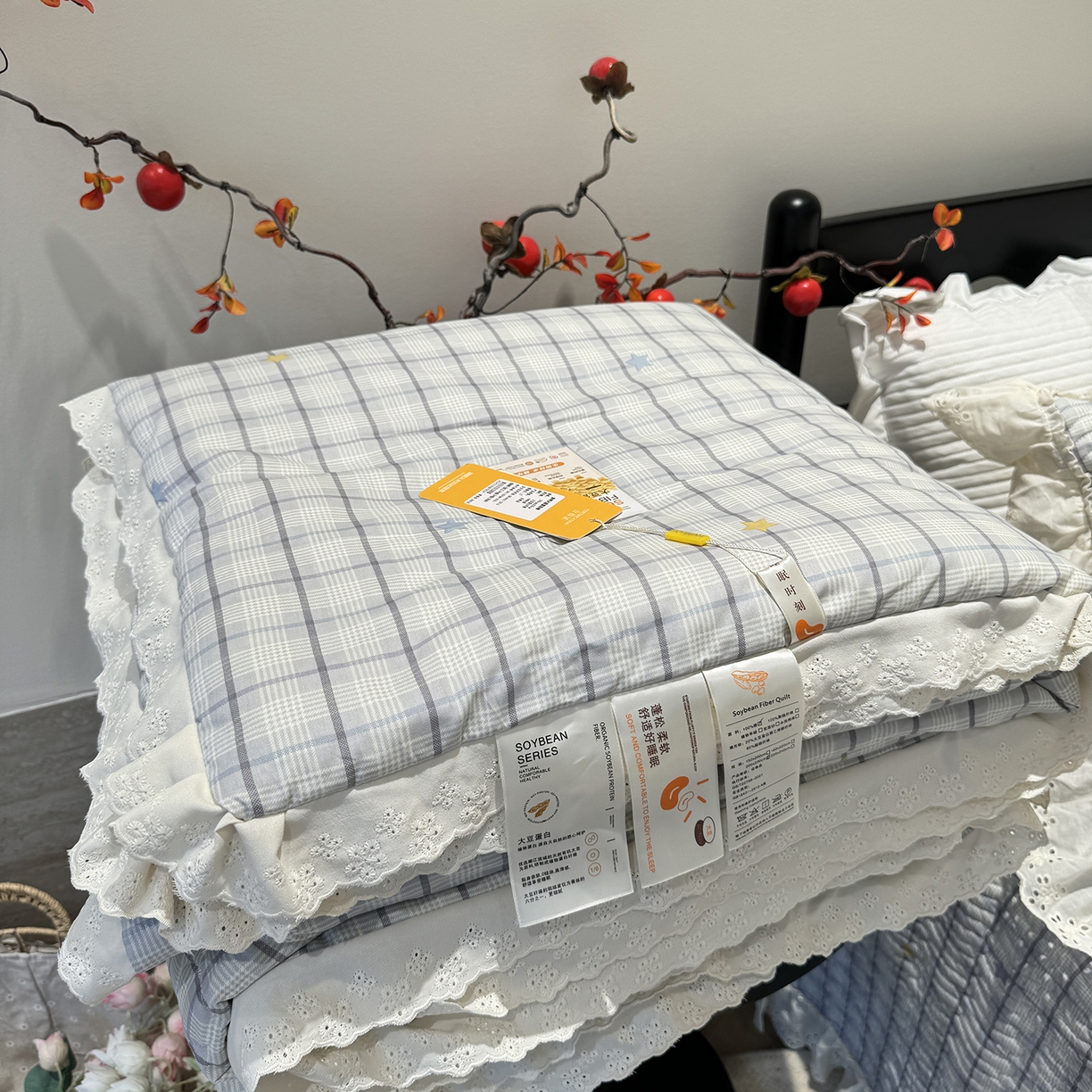 91家纺网 家纺一手货源 找家纺 奈萝家纺 2025新款全棉蕾丝花边被套春秋被床盖四件套床盖三件套 极光之星