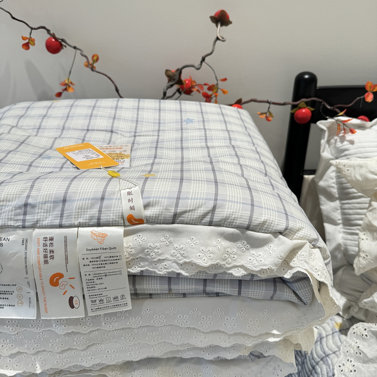 91家纺网 家纺一手货源 找家纺 奈萝家纺 2025新款全棉蕾丝花边被套春秋被床盖四件套床盖三件套 极光之星