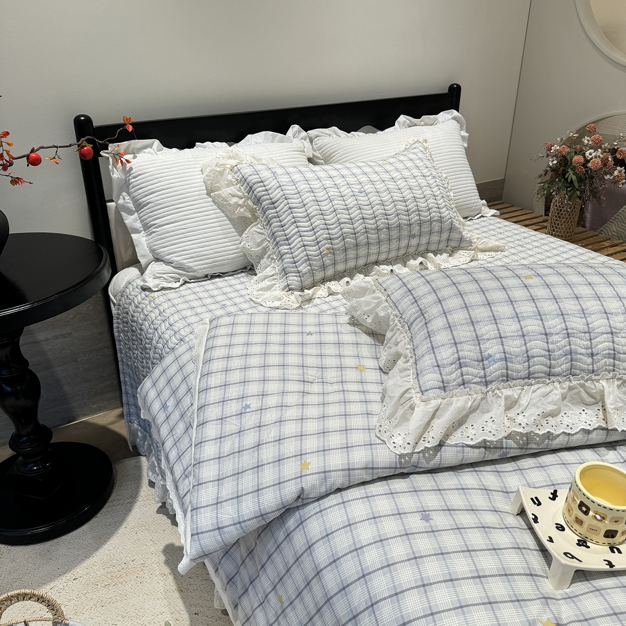 91家纺网 家纺一手货源 找家纺 奈萝家纺 2025新款全棉蕾丝花边被套春秋被床盖四件套床盖三件套 极光之星