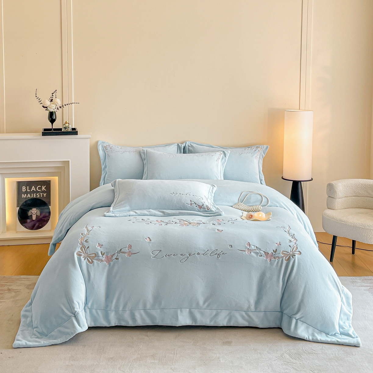 新方向 2025新款全消光A类刺绣牛奶绒四件套-蝶恋花 蝶恋花-星月蓝