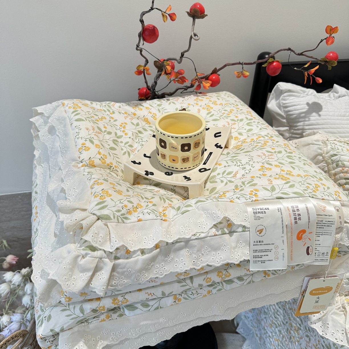 91家纺网 家纺一手货源 找家纺 奈萝家纺 2025新款全棉蕾丝花边被套春秋被床盖四件套床盖三件套 千野绿