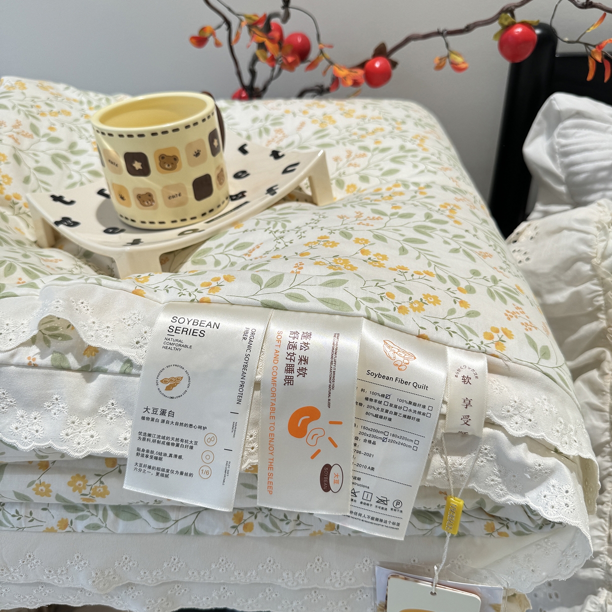 91家纺网 家纺一手货源 找家纺 奈萝家纺 2025新款全棉蕾丝花边被套春秋被床盖四件套床盖三件套 千野绿