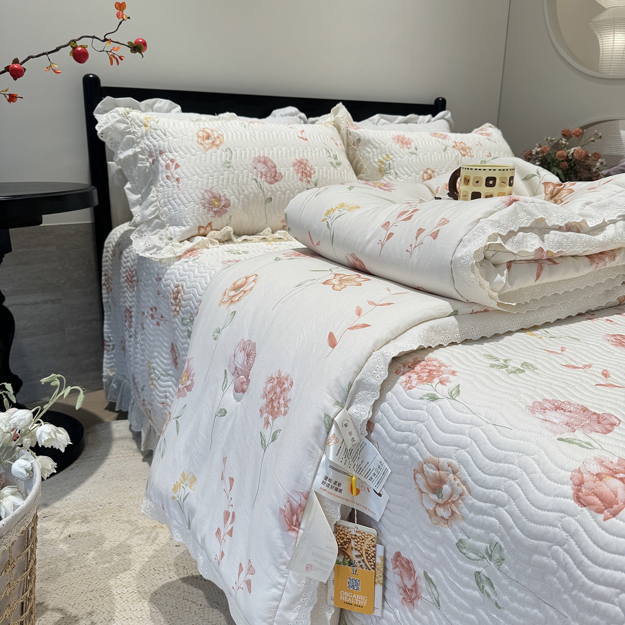 奈萝家纺 2025新款全棉蕾丝花边被套春秋被床盖四件套床盖三件套 清幽粉