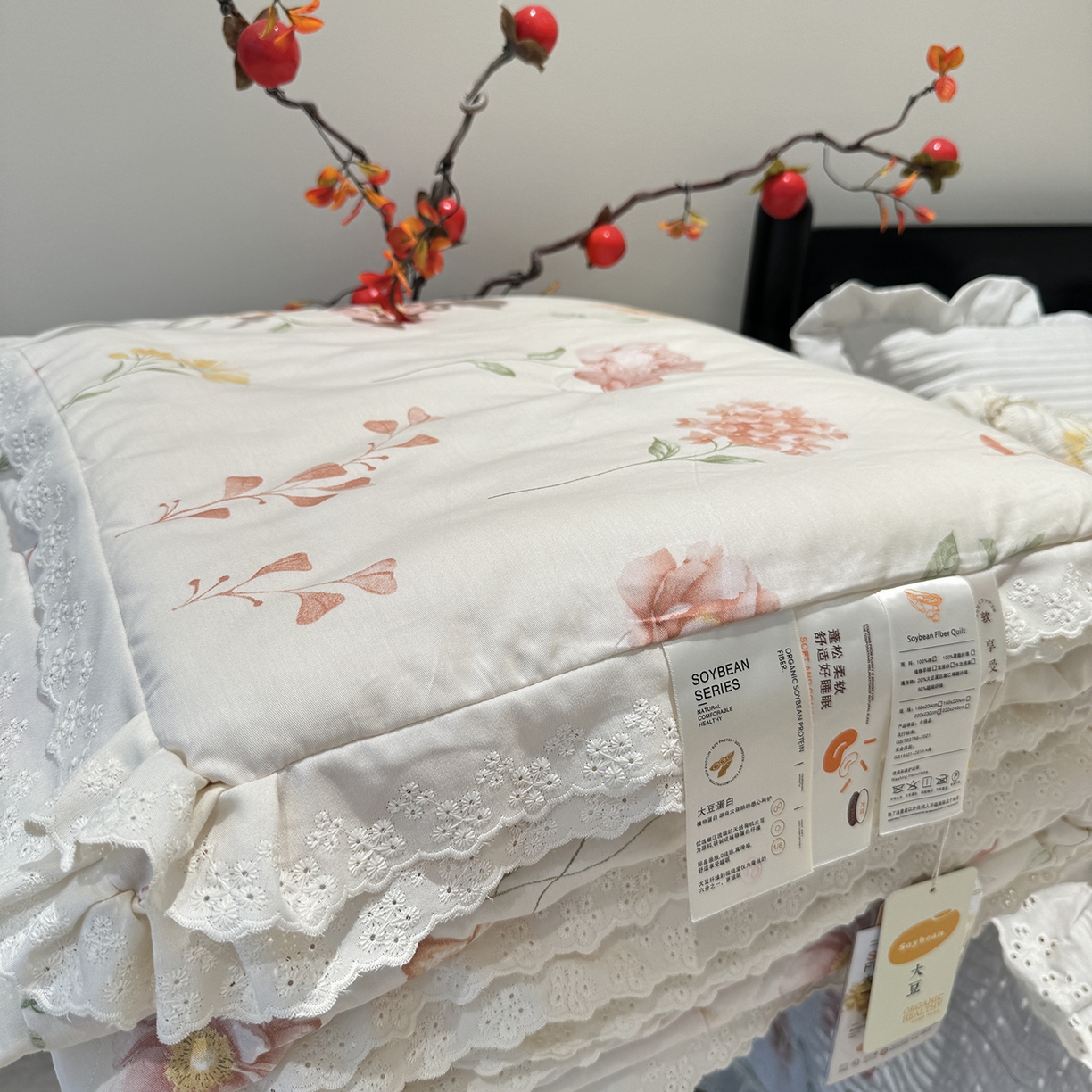 91家纺网 家纺一手货源 找家纺 奈萝家纺 2025新款全棉蕾丝花边被套春秋被床盖四件套床盖三件套 清幽粉