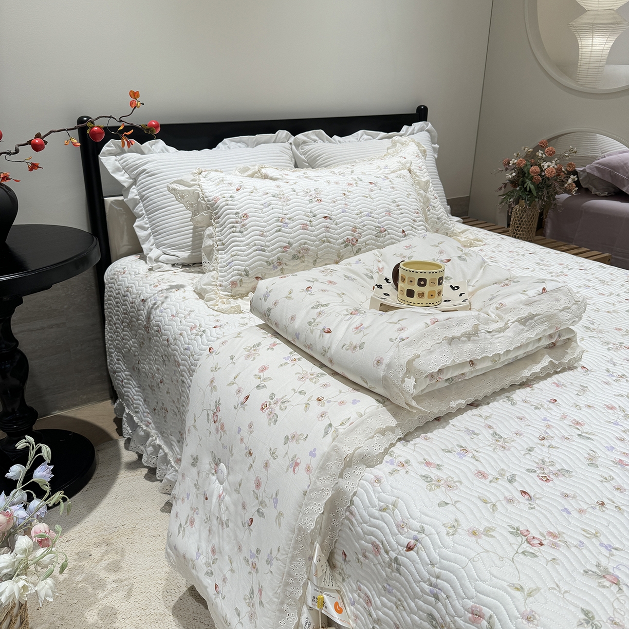 奈萝家纺 2025新款全棉蕾丝花边被套春秋被床盖四件套床盖三件套 薇语梦