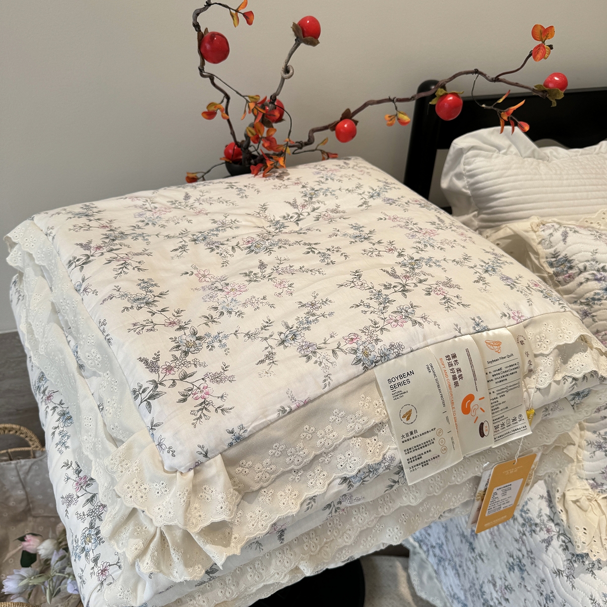 91家纺网 家纺一手货源 找家纺 奈萝家纺 2025新款全棉蕾丝花边被套春秋被床盖四件套床盖三件套 夏梦