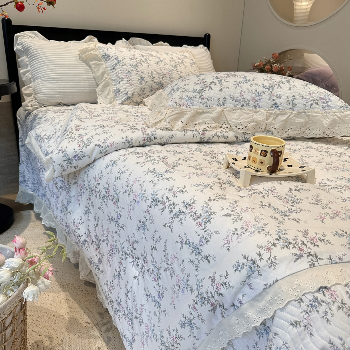 91家纺网 家纺一手货源 找家纺 奈萝家纺 2025新款全棉蕾丝花边被套春秋被床盖四件套床盖三件套 夏梦