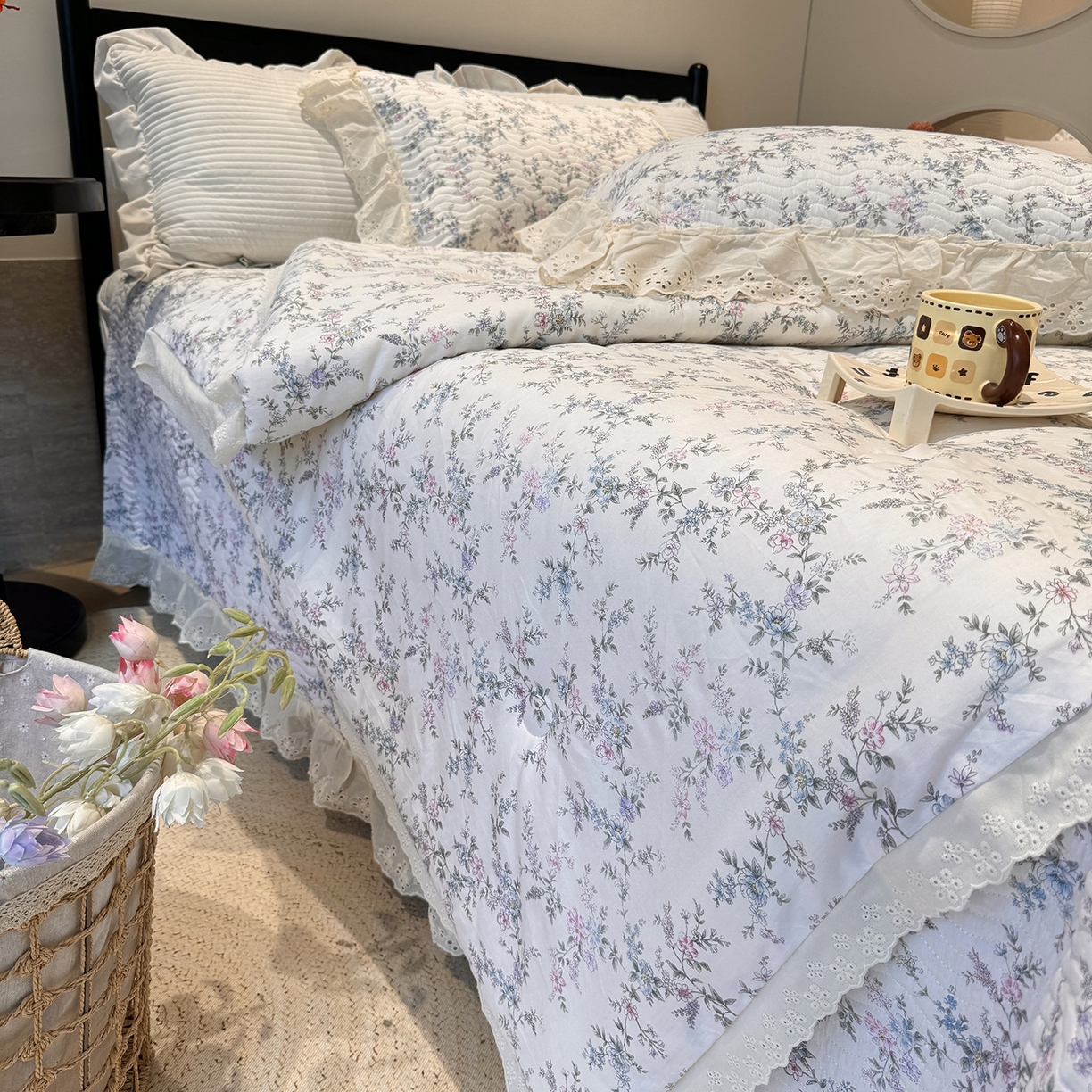 91家纺网 家纺一手货源 找家纺 奈萝家纺 2025新款全棉蕾丝花边被套春秋被床盖四件套床盖三件套 夏梦