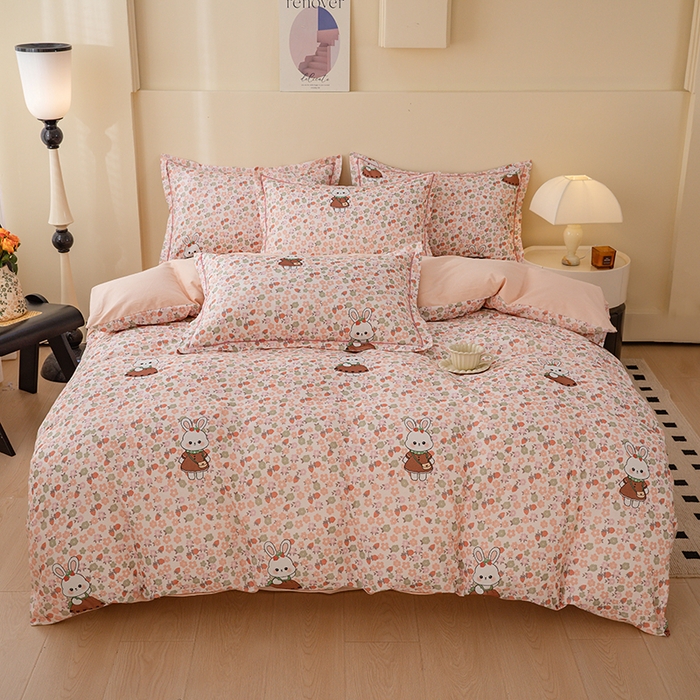博弈家纺 2025新款100%加厚全棉纯棉四件套喷气磨毛四件套-礼盒装 草莓小兔