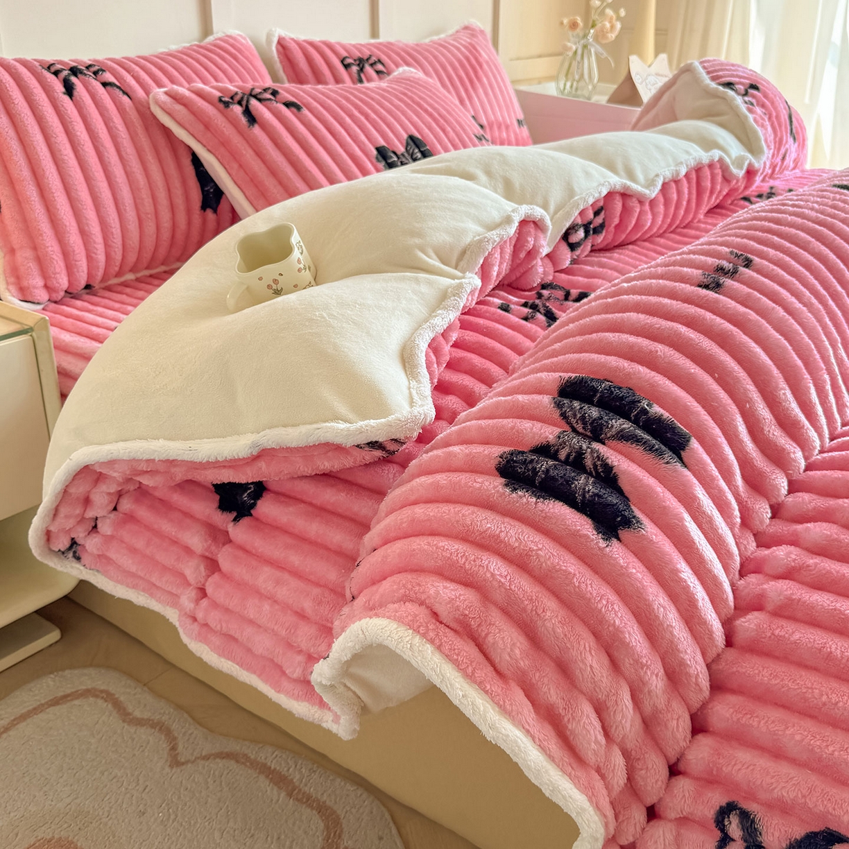 91家纺网 家纺一手货源 找家纺 （总）眠势力 2025新款兔兔绒抽条印花被套兔毛绒加厚保暖被罩