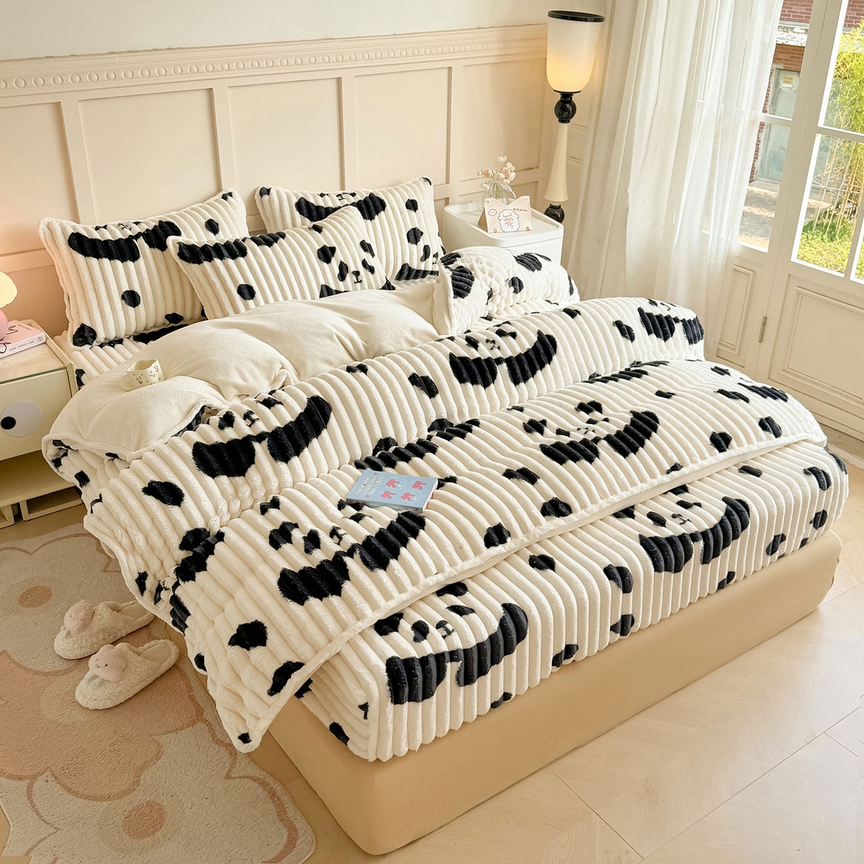 91家纺网 家纺一手货源 找家纺 眠势力 2025新款兔兔绒抽条印花被套兔毛绒加厚保暖被罩 大熊猫