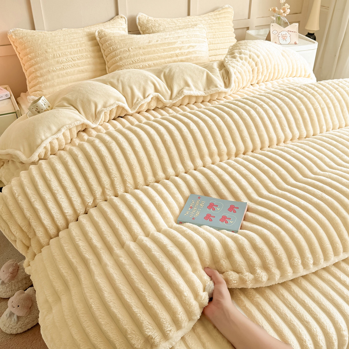 91家纺网 家纺一手货源 找家纺 眠势力 2025新款兔兔绒抽条印花被套兔毛绒加厚保暖被罩 温柔米