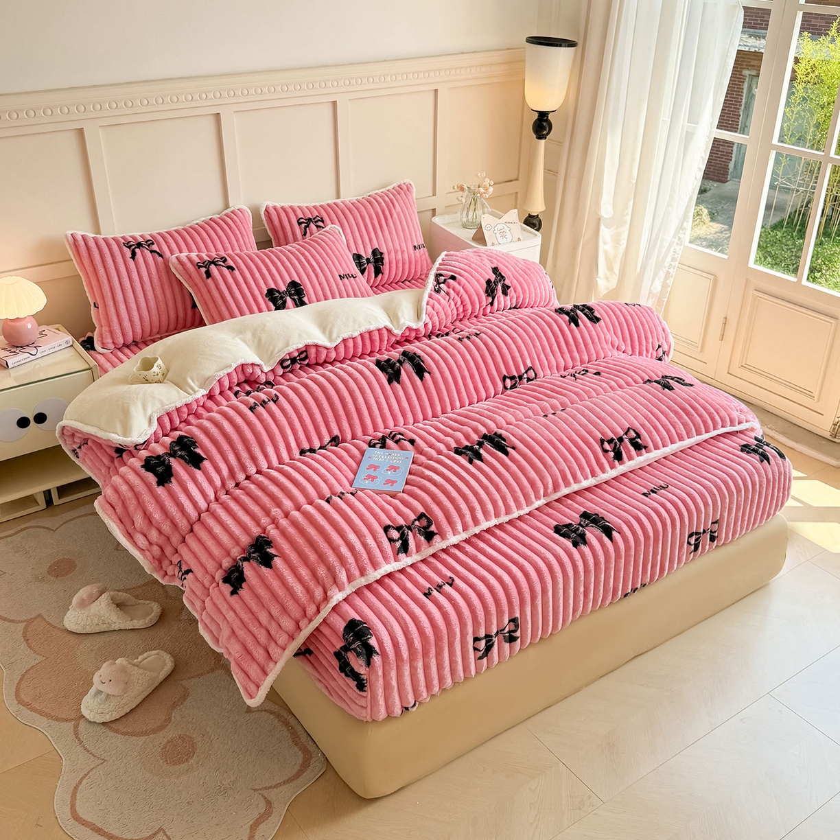 91家纺网 家纺一手货源 找家纺 眠势力 2025新款兔兔绒抽条印花被套兔毛绒加厚保暖被罩 粉色记忆