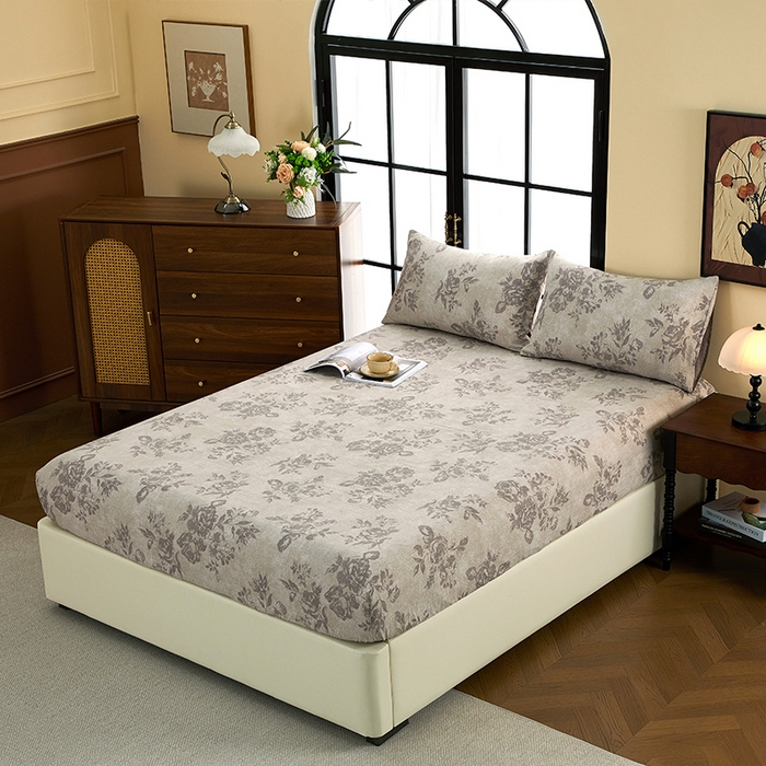 91家纺网 家纺一手货源 找家纺 卢赛尔 2025新款高克重皱皱复古原麻单床笠床笠三件套 花眠