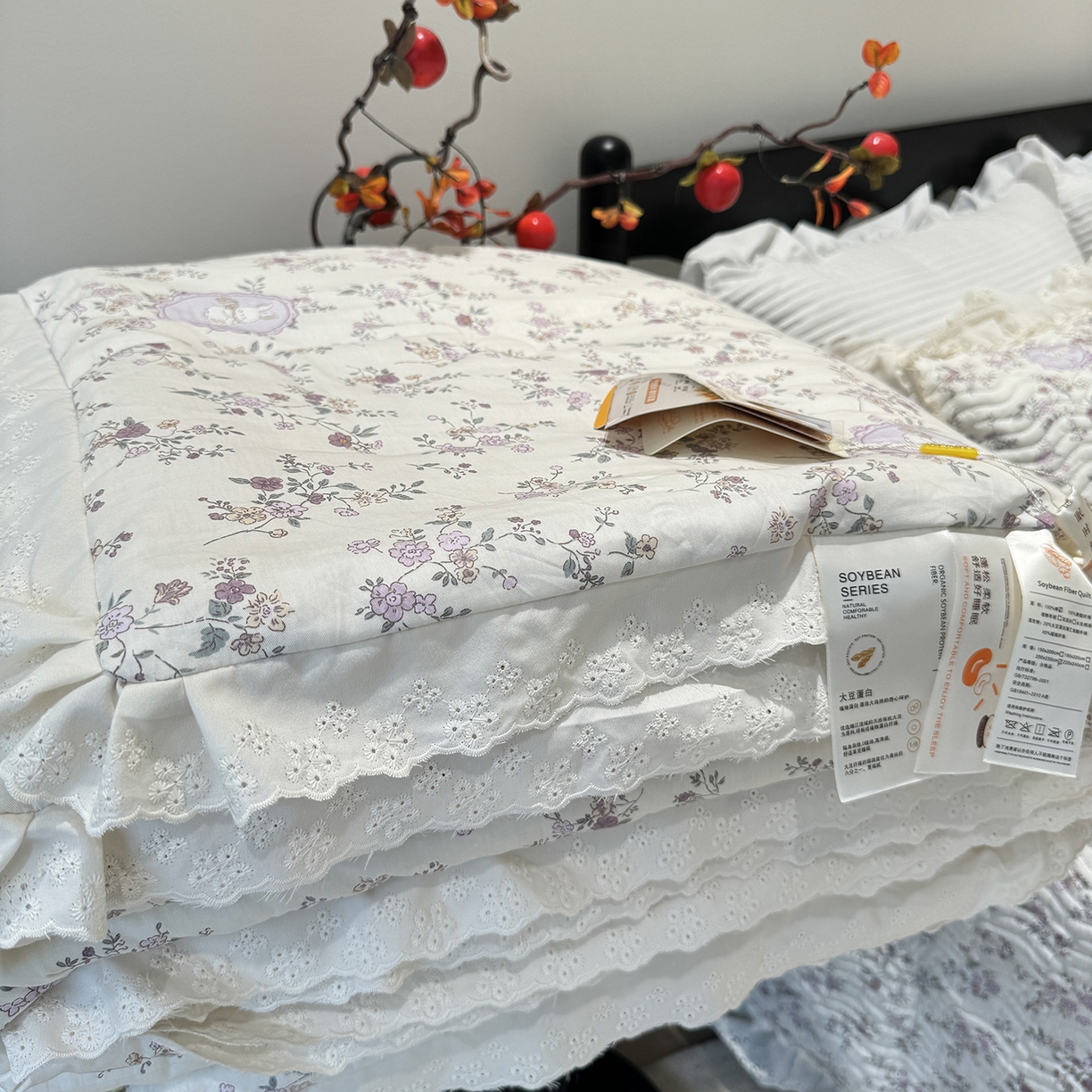 91家纺网 家纺一手货源 找家纺 奈萝家纺 2025新款全棉蕾丝花边被套春秋被床盖四件套床盖三件套 紫悦