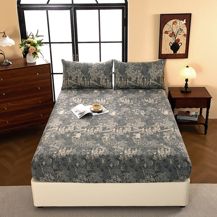 卢赛尔 2025新款高克重皱皱复古原麻单床笠床笠三件套 凉墨