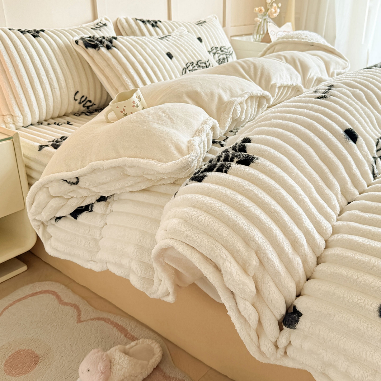 眠势力 2025新款兔兔绒抽条印花被套兔毛绒加厚保暖被罩 幸运玫瑰