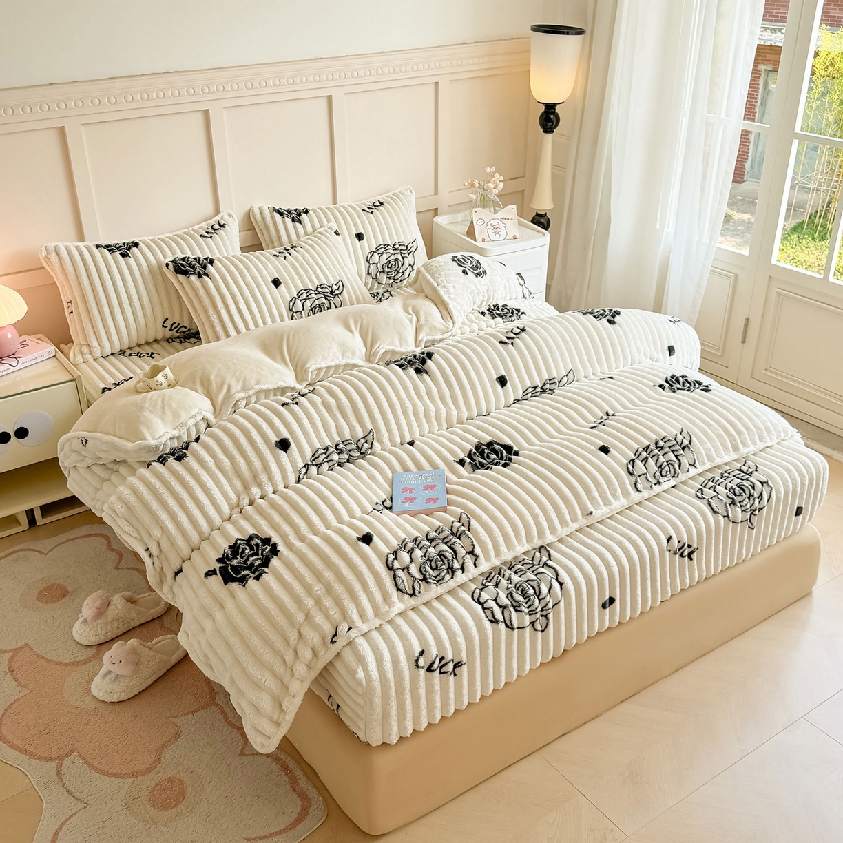 91家纺网 家纺一手货源 找家纺 眠势力 2025新款兔兔绒抽条印花被套兔毛绒加厚保暖被罩 幸运玫瑰