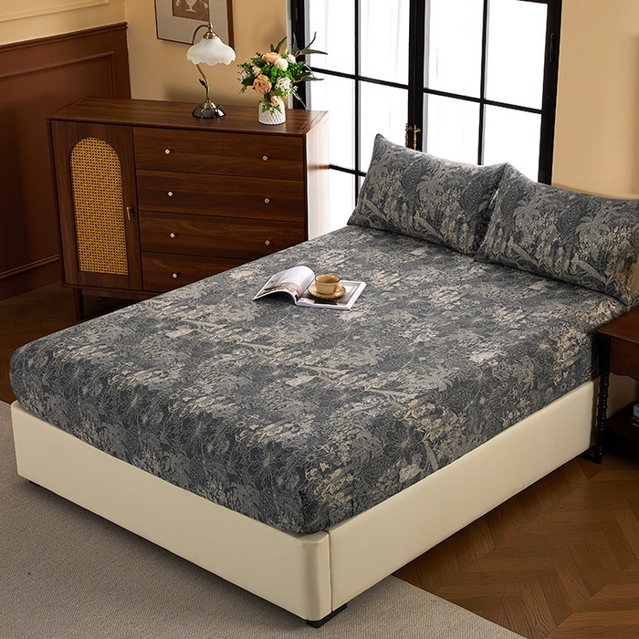 91家纺网 家纺一手货源 找家纺 卢赛尔 2025新款高克重皱皱复古原麻单床笠床笠三件套 凉墨