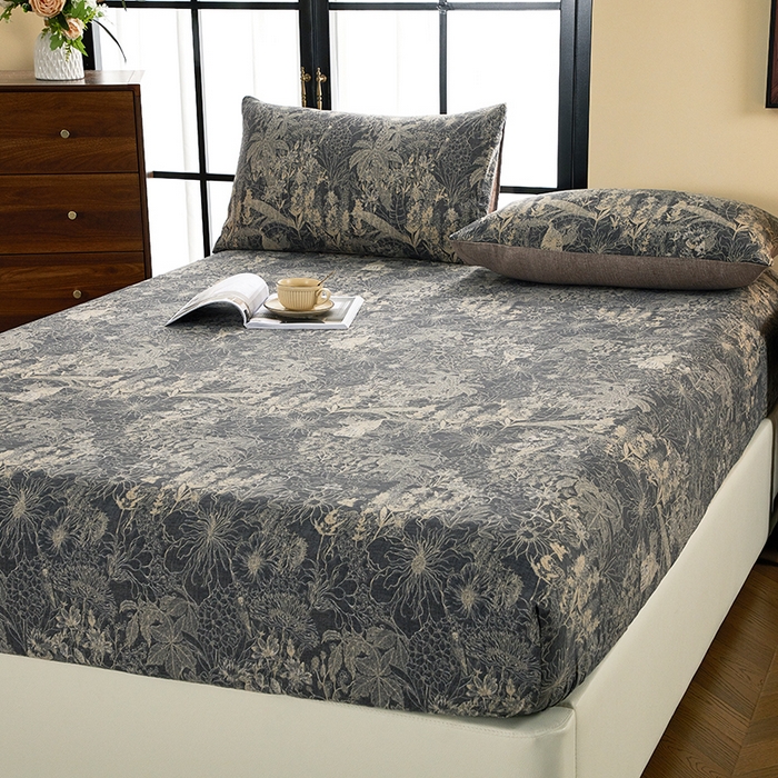 91家纺网 家纺一手货源 找家纺 卢赛尔 2025新款高克重皱皱复古原麻单床笠床笠三件套 凉墨