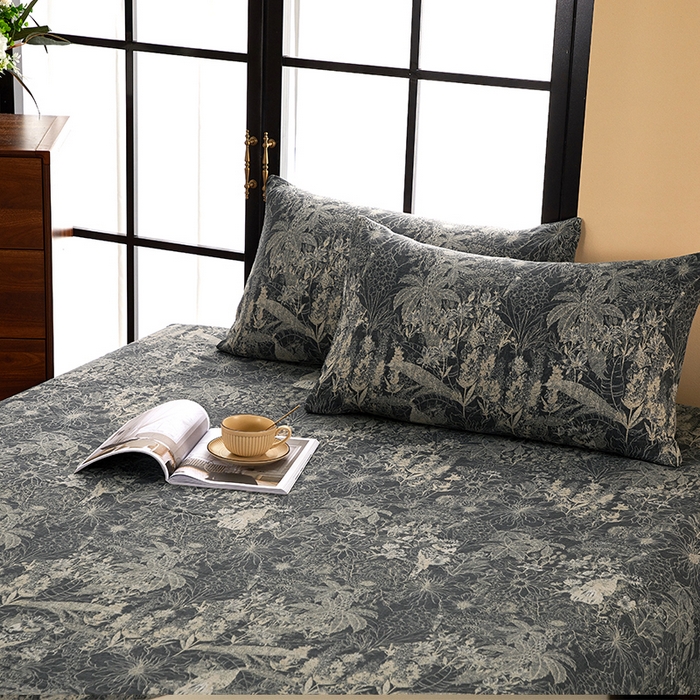 91家纺网 家纺一手货源 找家纺 卢赛尔 2025新款高克重皱皱复古原麻单床笠床笠三件套 凉墨