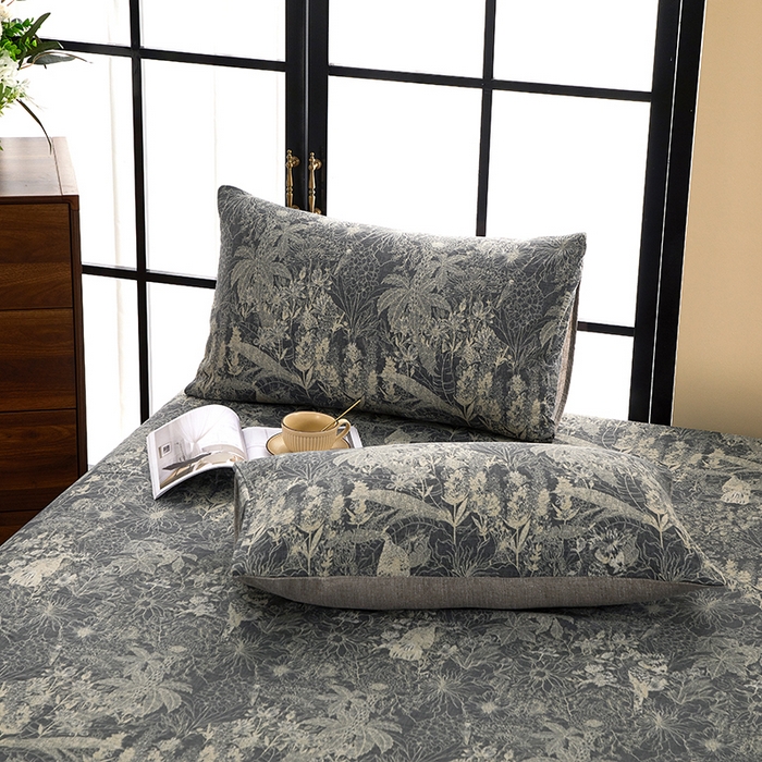 91家纺网 家纺一手货源 找家纺 卢赛尔 2025新款高克重皱皱复古原麻单床笠床笠三件套 凉墨