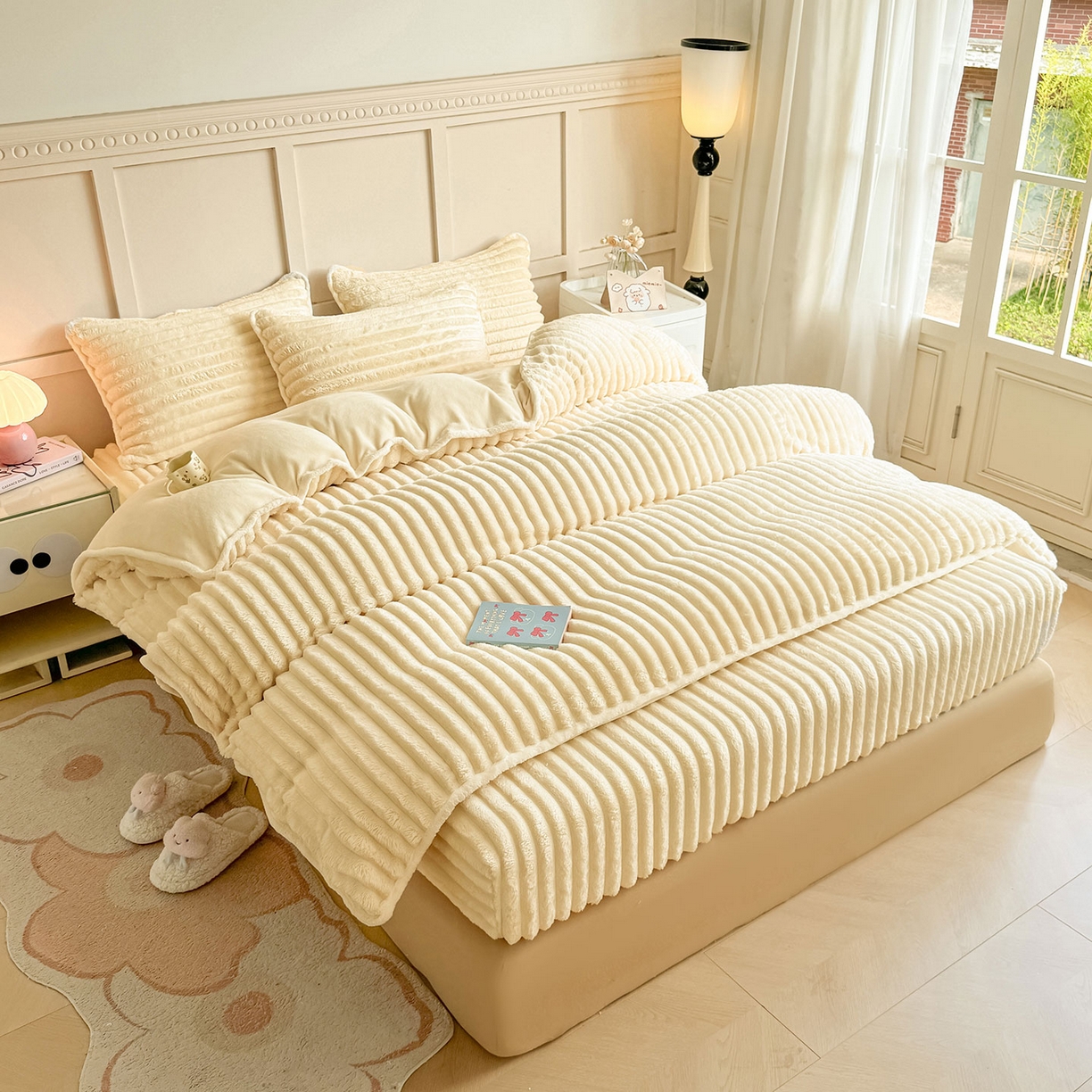 91家纺网 家纺一手货源 找家纺 眠势力 2025新款兔兔绒抽条印花被套兔毛绒加厚保暖被罩 温柔米