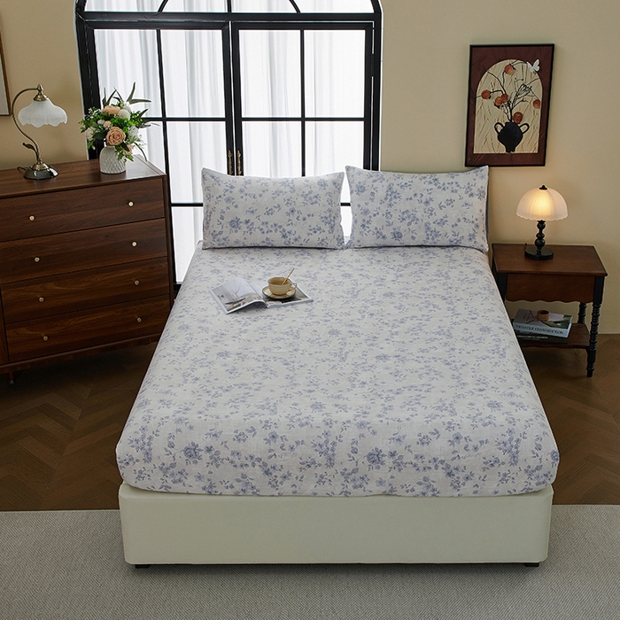 卢赛尔 2025新款高克重皱皱复古原麻单床笠床笠三件套 青千雪