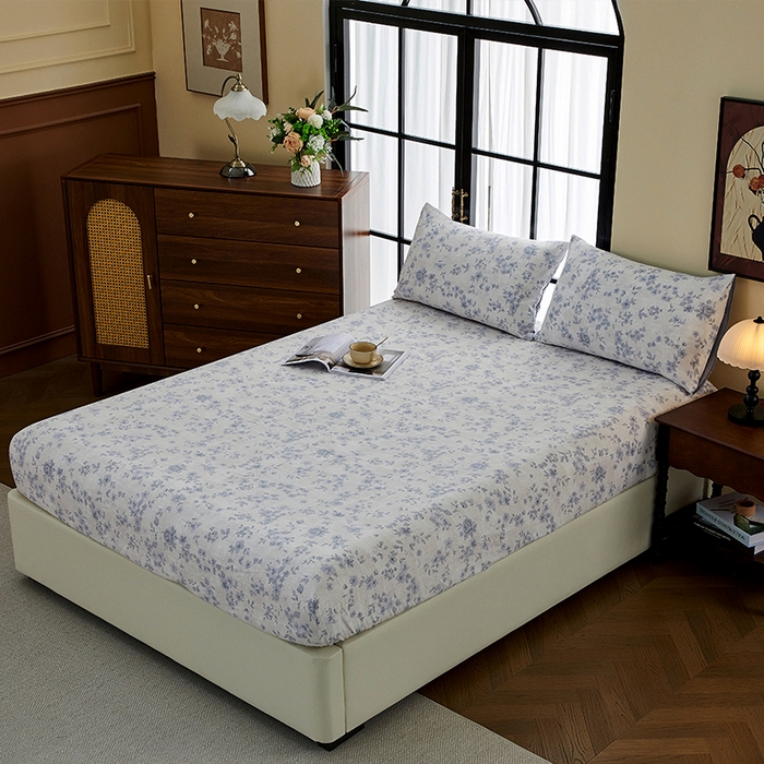 91家纺网 家纺一手货源 找家纺 卢赛尔 2025新款高克重皱皱复古原麻单床笠床笠三件套 青千雪