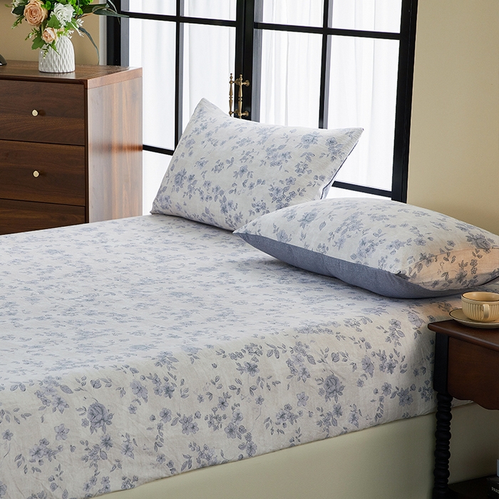 91家纺网 家纺一手货源 找家纺 卢赛尔 2025新款高克重皱皱复古原麻单床笠床笠三件套 青千雪