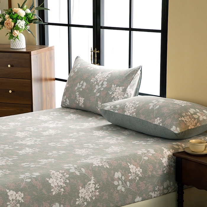 91家纺网 家纺一手货源 找家纺 卢赛尔 2025新款高克重皱皱复古原麻单床笠床笠三件套 清菡绿