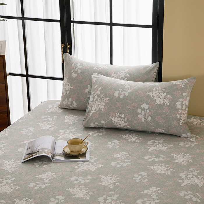 91家纺网 家纺一手货源 找家纺 卢赛尔 2025新款高克重皱皱复古原麻单床笠床笠三件套 清菡绿