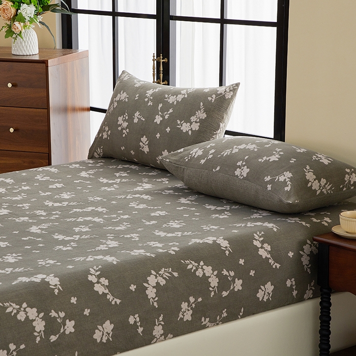 91家纺网 家纺一手货源 找家纺 卢赛尔 2025新款高克重皱皱复古原麻单床笠床笠三件套 森屿