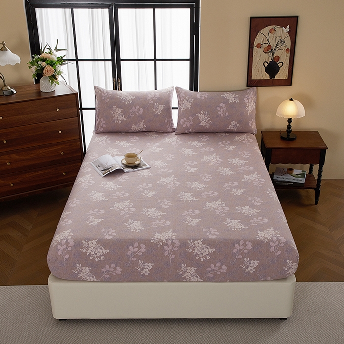 卢赛尔 2025新款高克重皱皱复古原麻单床笠床笠三件套 紫苏槿