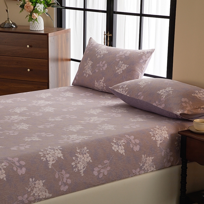 91家纺网 家纺一手货源 找家纺 卢赛尔 2025新款高克重皱皱复古原麻单床笠床笠三件套 紫苏槿