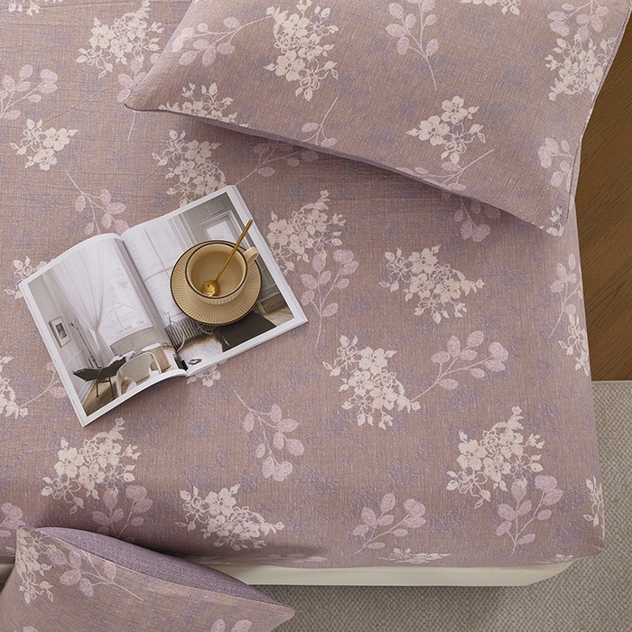 91家纺网 家纺一手货源 找家纺 卢赛尔 2025新款高克重皱皱复古原麻单床笠床笠三件套 紫苏槿