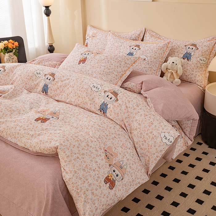 91家纺网 家纺一手货源 找家纺 博弈家纺 2025新款100%加厚全棉纯棉四件套喷气磨毛四件套-礼盒装 时尚布偶