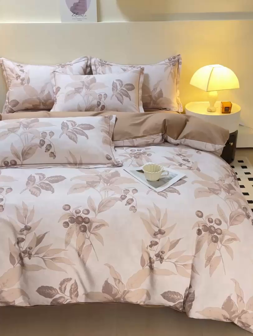 91家纺网 家纺一手货源 找家纺 博弈家纺 2025新款100%加厚全棉纯棉四件套喷气磨毛四件套-礼盒装 叶影摇香