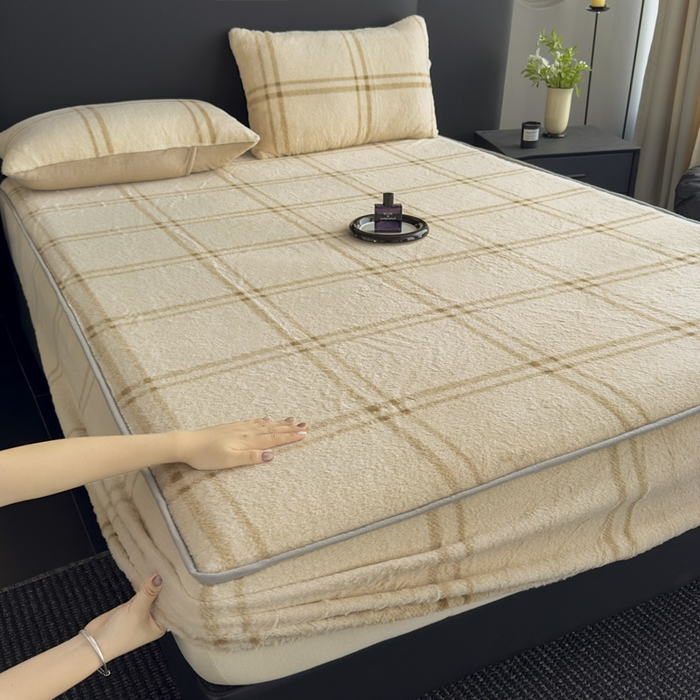 家之硕家纺 2025新款高克重兔毛绒轻奢风床笠系列 格子咖