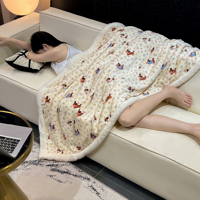 91家纺网 家纺一手货源 找家纺 （总）朵朵家纺 2025新款加厚牛奶绒羊羔绒印花多功能盖毯（可定制尺寸 ）