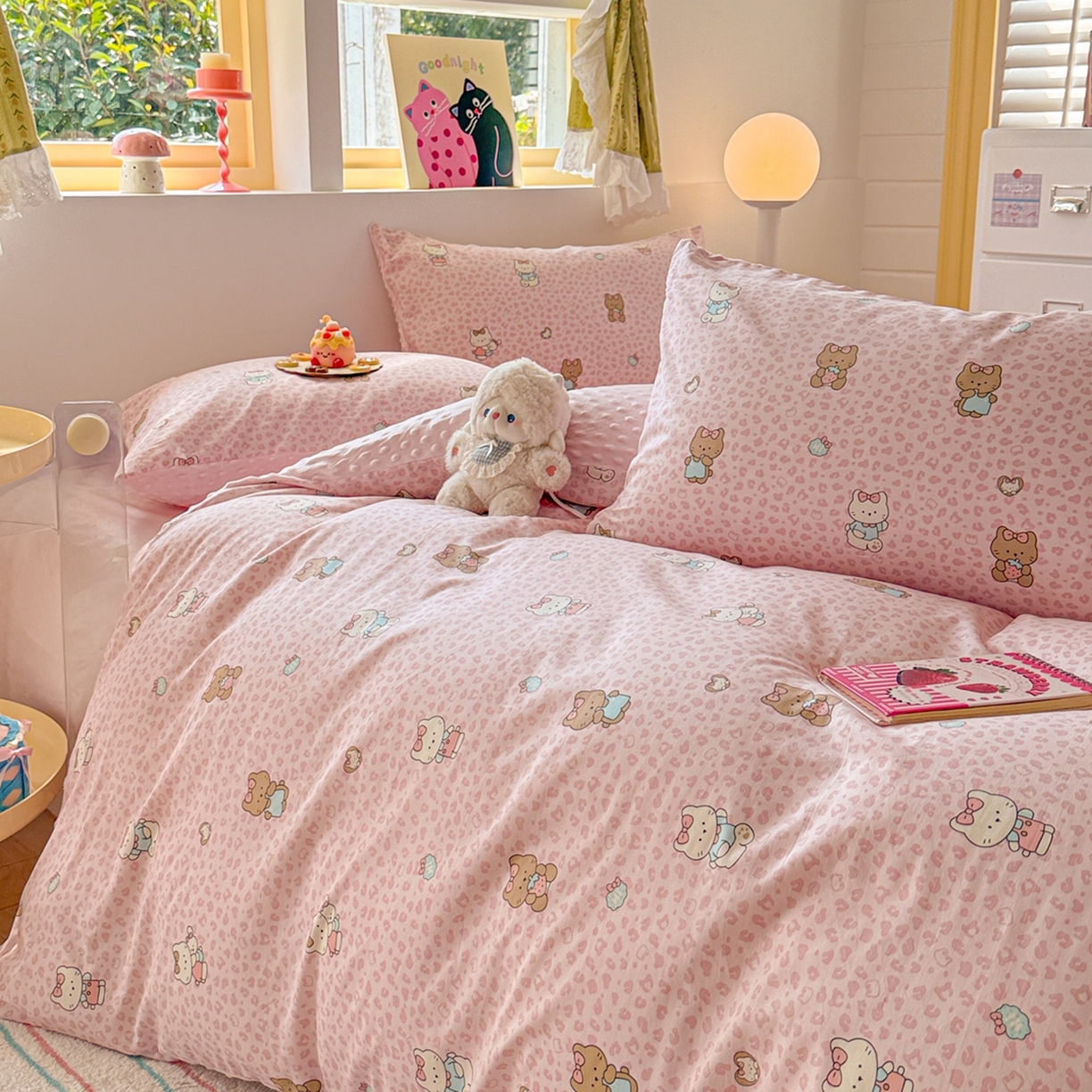 91家纺网 家纺一手货源 找家纺 简宜家居（朝初家纺） 2025新款全棉安抚豆豆绒卡通印花小清新四件套 豹纹-粉