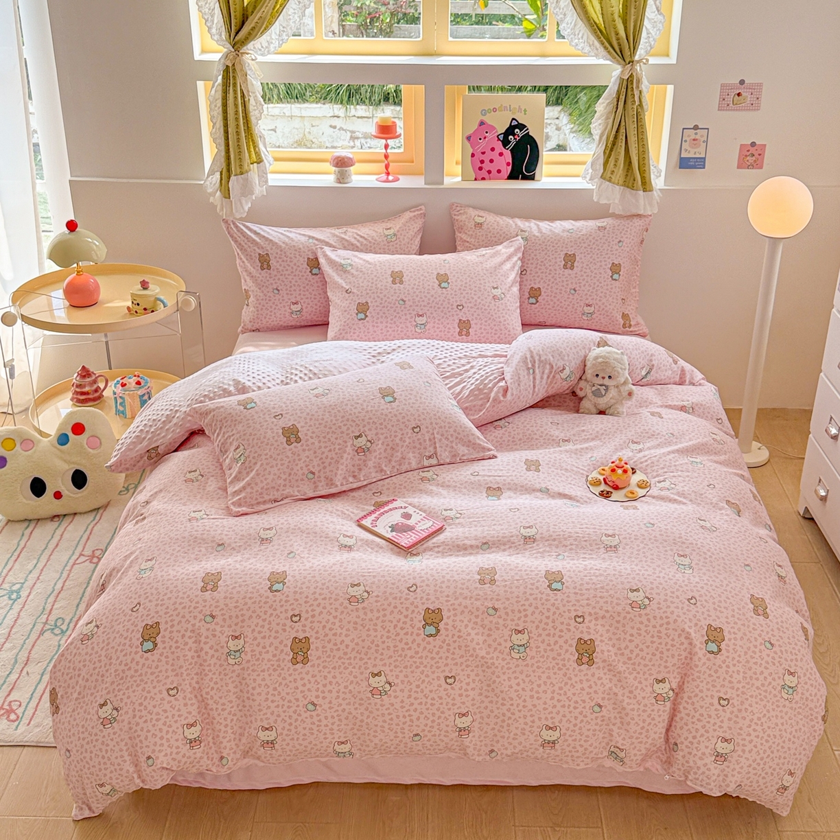 91家纺网 家纺一手货源 找家纺 简宜家居（朝初家纺） 2025新款全棉安抚豆豆绒卡通印花小清新四件套 豹纹-粉