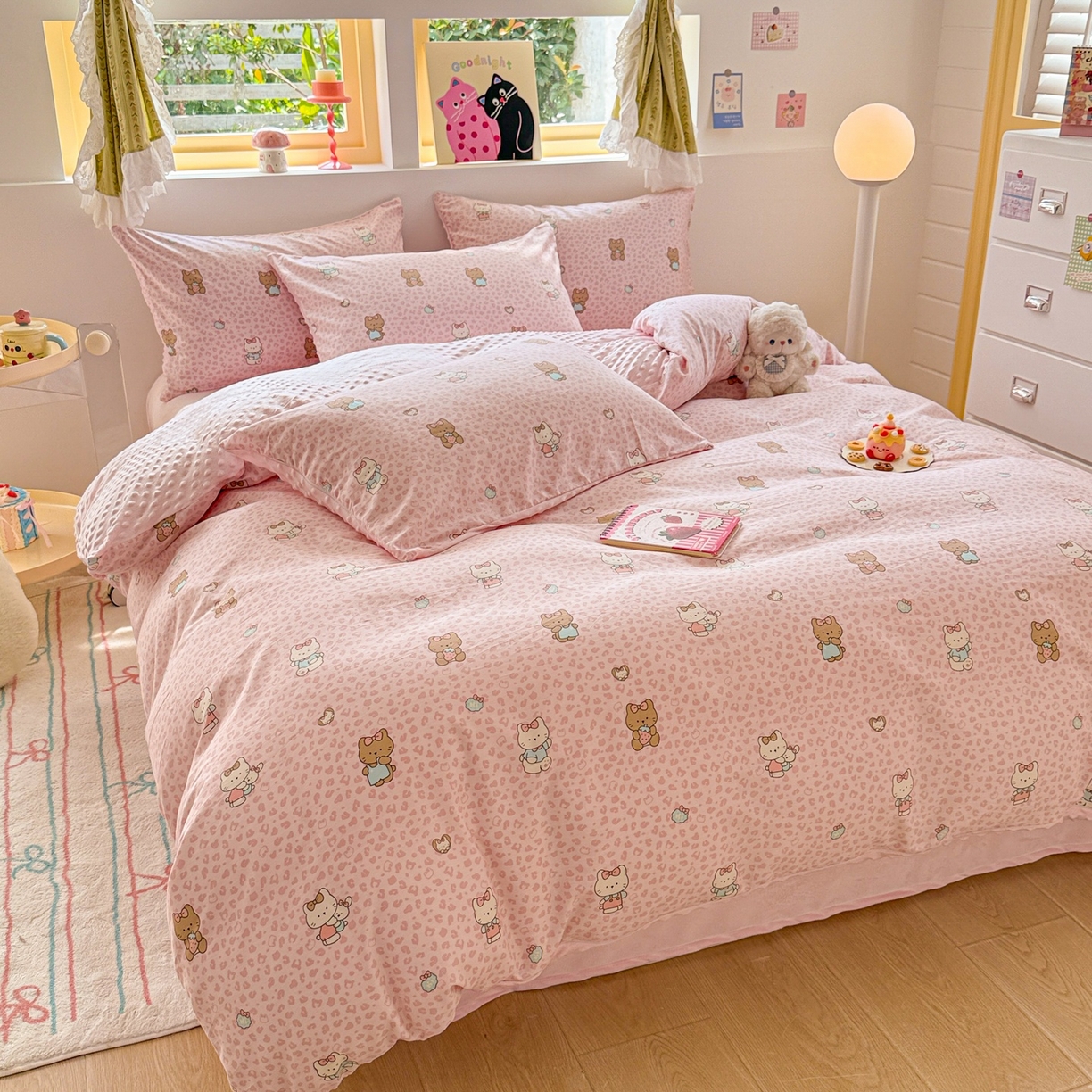 91家纺网 家纺一手货源 找家纺 简宜家居（朝初家纺） 2025新款全棉安抚豆豆绒卡通印花小清新四件套 豹纹-粉