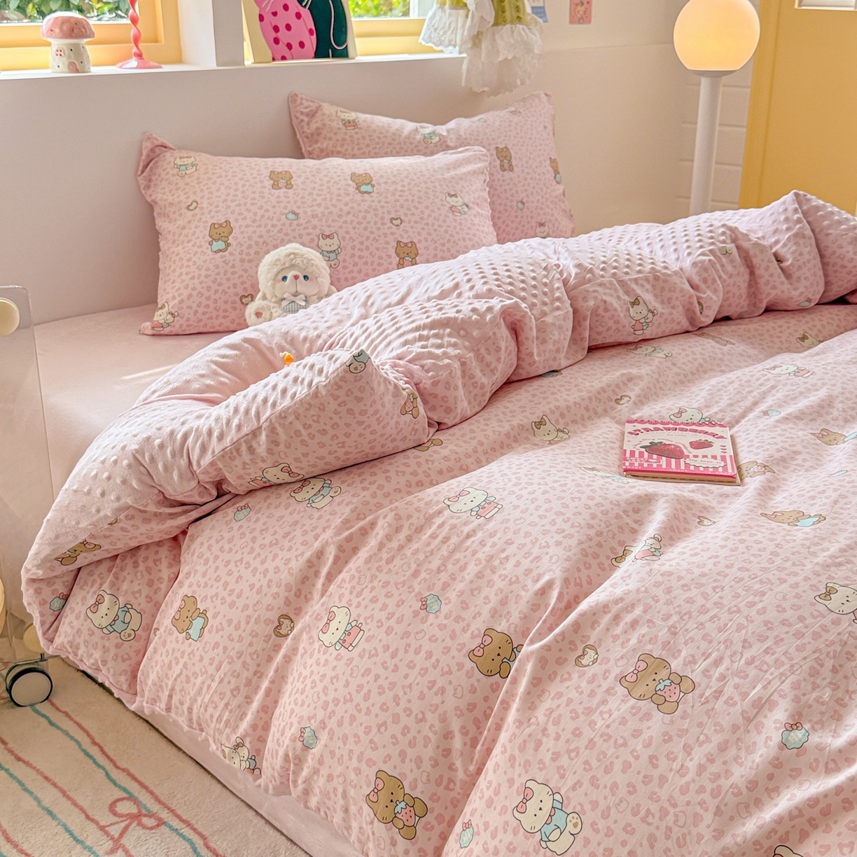 91家纺网 家纺一手货源 找家纺 简宜家居（朝初家纺） 2025新款全棉安抚豆豆绒卡通印花小清新四件套 豹纹-粉