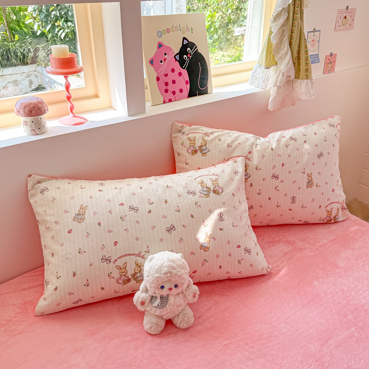 91家纺网 家纺一手货源 找家纺 简宜家居（朝初家纺） 2025新款全棉安抚豆豆绒卡通印花小清新四件套 粉红可爱兔