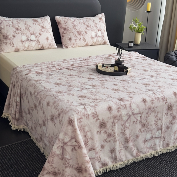 家之硕家纺 2025新款高克重兔毛绒轻奢风床单系列 蝴蝶碎花紫