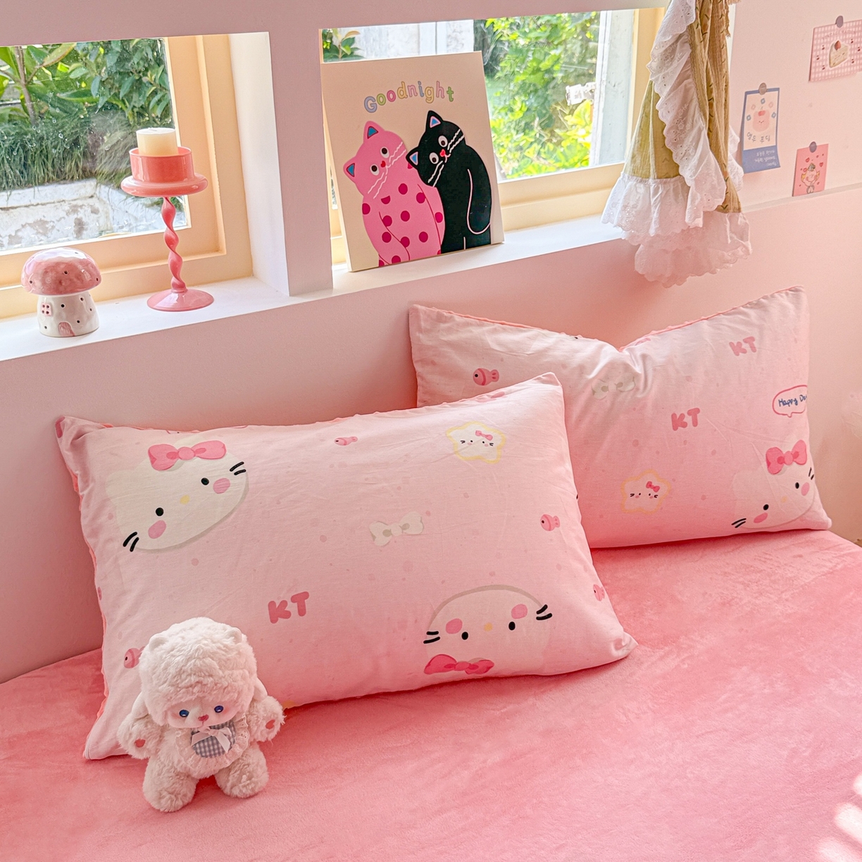 91家纺网 家纺一手货源 找家纺 简宜家居（朝初家纺） 2025新款全棉安抚豆豆绒卡通印花小清新四件套 粉色猫
